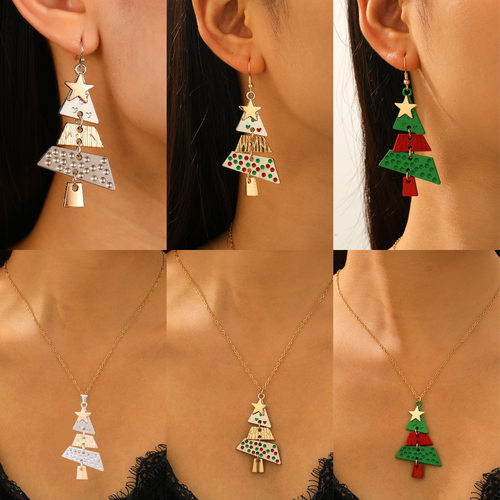 创意圣诞树三层拼接耳环项链套装