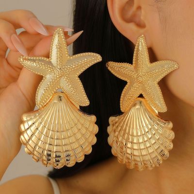 欧美ins夸张金色海星贝壳耳环