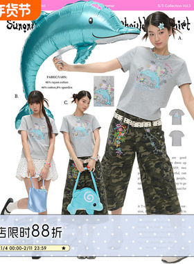 BETWEENANDx鸟鸟一 夏季灰色正肩短款上衣blingbiling烫钻短袖t恤