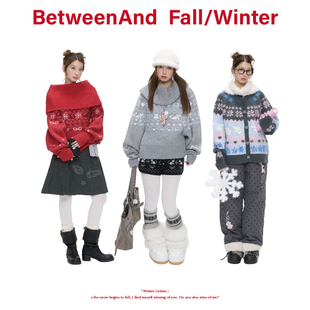 BETWEENAND 冬季费尔岛软糯提花针织大翻领毛衣/粉蓝色毛衣开衫