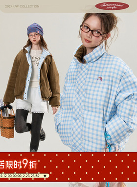 BETWEENAND 冬季蓝格纹灯芯绒双面穿棉服女经典好穿防寒面包服