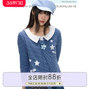 BETWEENAND「蓝屿ok绷」春季海军蓝七分袖娃娃领星星长袖可爱上衣