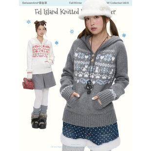 BETWEENAND 冬季费尔岛连帽双色毛衣/百搭显瘦冬季两面穿短裙女