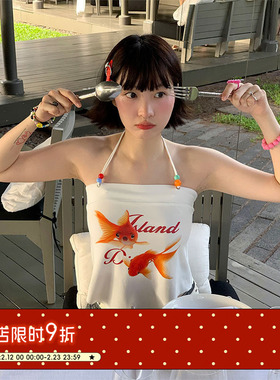 BETWEENAND 夏季彩色串珠白色金鱼吊带度假挂脖无袖上衣女外穿