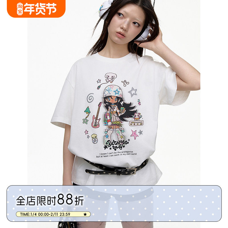 BETWEENANDx鸟鸟一 夏季双色插画印花短袖女原创宽松纯棉T恤,女装/女士精品,T恤,淘宝优惠券,粉丝福利购,淘宝优惠卷