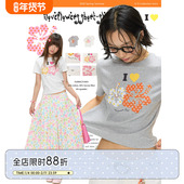 夏季 双色2026新款 花朵短袖 BETWEENAND 上衣女短款 T恤印花上衣潮