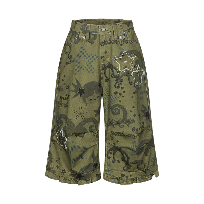 thumbnail for BETWEENAND Summer American Retro Suiso Full Print Star Washed Distressed Capri Pants 2026 New Style