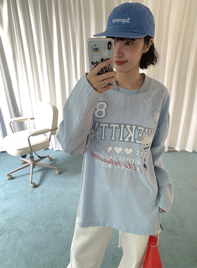 BETWEENAND 趣味印花蓝色条纹blokette少女运动风拼接长袖T恤球衣