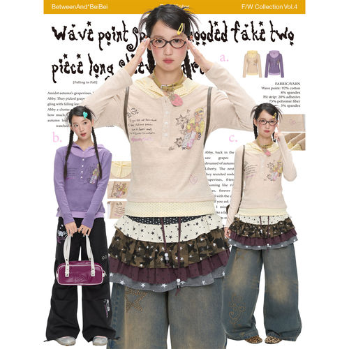 波点拼接连帽假两件长袖