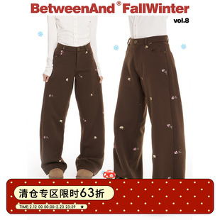 BETWEENAND 原创设计小花蘑菇刺绣直筒裤棕色敲显瘦长裤冬季女款