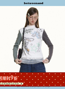 BETWEENAND 蝴蝶结手绘拼接打底长袖原创灰绿条纹设计感印花上衣