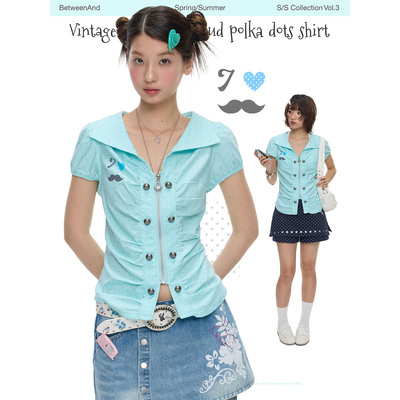 BETWEENAND「薄荷初夏」古早花苞波点可爱掐腰衬衫女夏季独特小衫