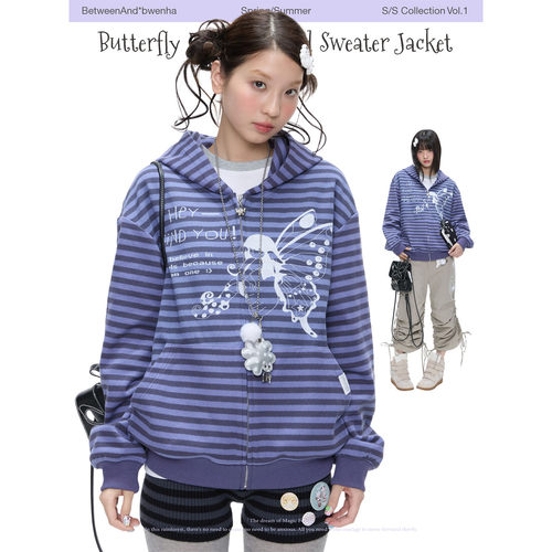 BETWEENAND「蝴蝶效应」春季紫色复古亚萌条纹宽松上衣连帽卫衣