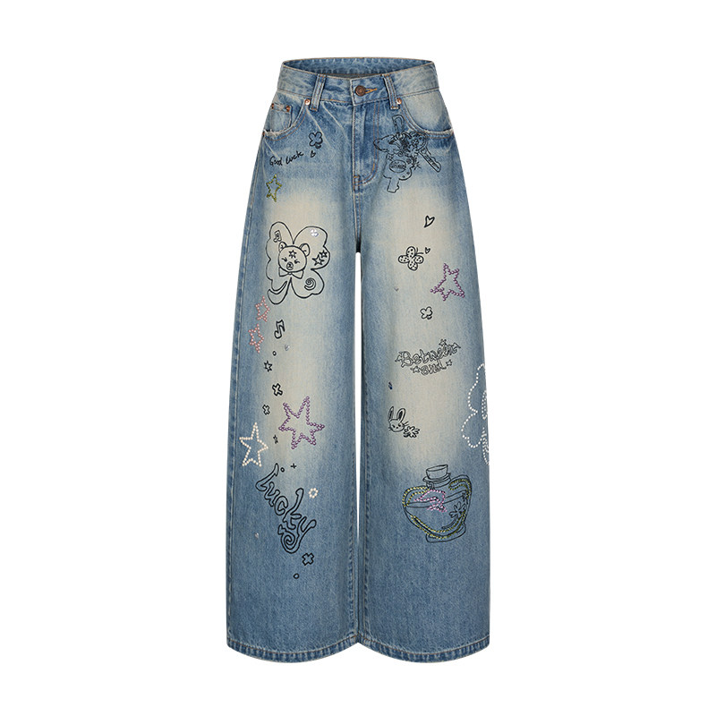 thumbnail for BETWEENAND millennial waji graffiti illustration hot diamond slimming loose heavy industry trousers women's wash jeans