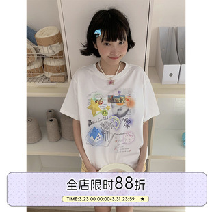 新款 百搭原创夏季 圆领白色印花T恤女 海岛日记宽松短袖 BETWEENAND