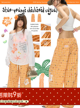 BETWEENAND 夏季轻薄星星橙色格纹扶桑花休闲裤女2026新款长裤