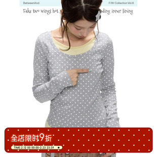 BETWEENAND「波光粼粼」冬日磨毛假两件波点亲肤柔软长袖修身打底