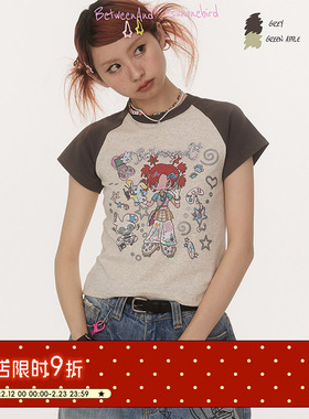 BETWEENANDx鸟鸟一 夏季撞色短款上衣女夏日系卡通插画短袖t恤
