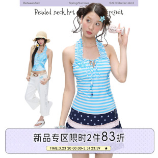 BETWEENAND「海盐蓝」夏日海边度假游泳系带蓝色条纹挂脖烫钻泳衣