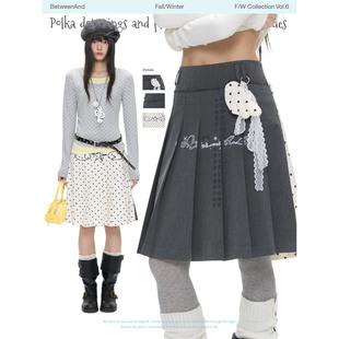 学院正反两穿拼接灰白波点百褶裙中裙 BETWEENAND「翎序双生」冬季