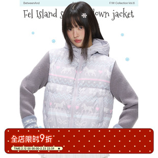 BETWEENAND「雪国来信」冬季费尔岛羽绒服90白鸭绒女毛衣针织外套