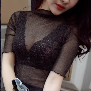 黑色网纱打底衫性感透视亮丝纱网上衣女半袖高领木耳边内搭小衫