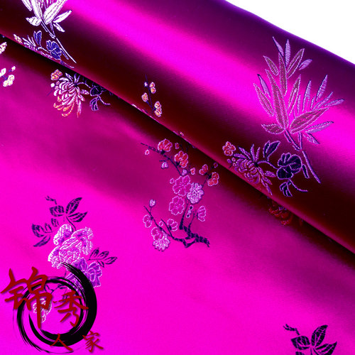 服装布料玫红竹叶花织锦缎