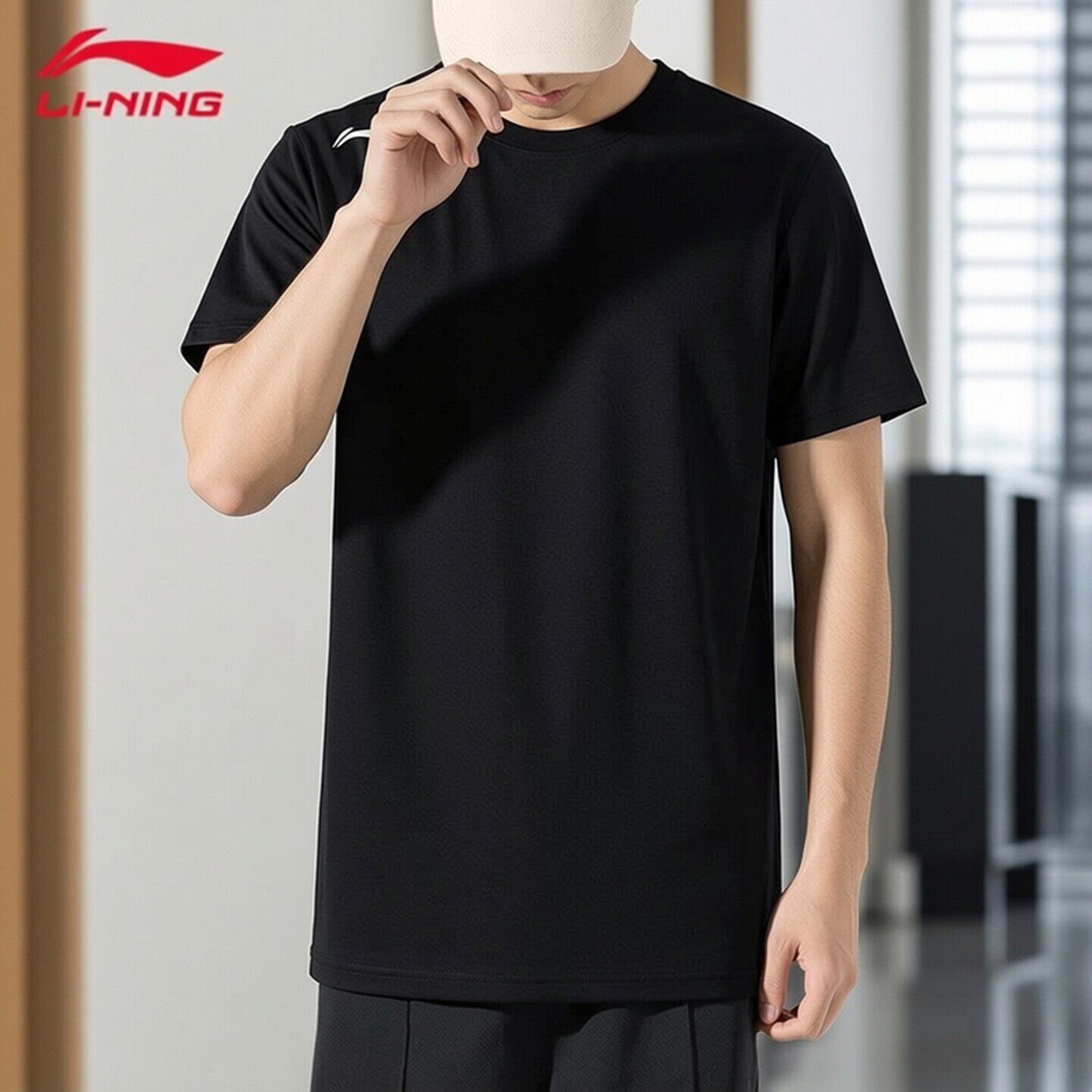 李宁短袖T恤男夏季速干透气运动上衣黑色圆领跑步健身服男子训练