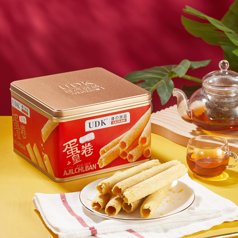 UDK优之良蛋卷皇原味黄油味300g铁盒罐装酥脆蛋卷零食送礼送长辈