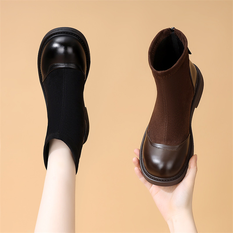 英伦时尚低跟弹力靴女2025秋冬新款软面复古加绒显脚小圆头马丁靴,女鞋,马丁靴,淘宝优惠券,粉丝福利购,淘宝优惠卷