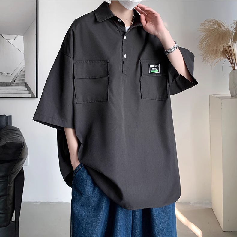 polo衫日系衬衣夏季翻领短袖工装衬衫休闲宽松T恤A155-BK15-TP46，男装T恤，电商A155-1