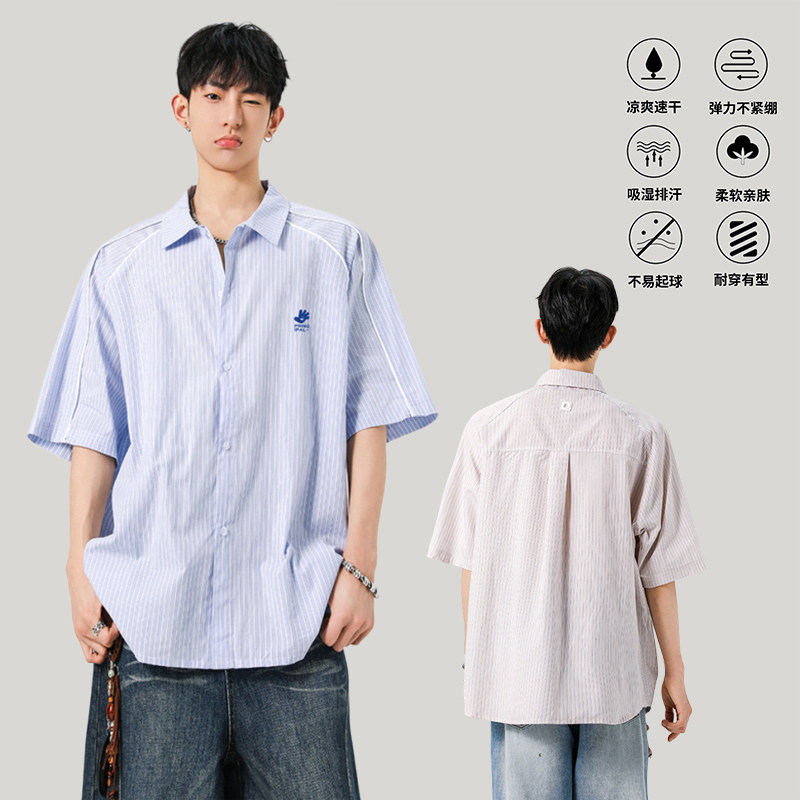 GENIOLAMODE夏季复古条纹短袖衬衫男设计感刺绣凉感潮牌宽松情侣,男装T恤,电商A155-1