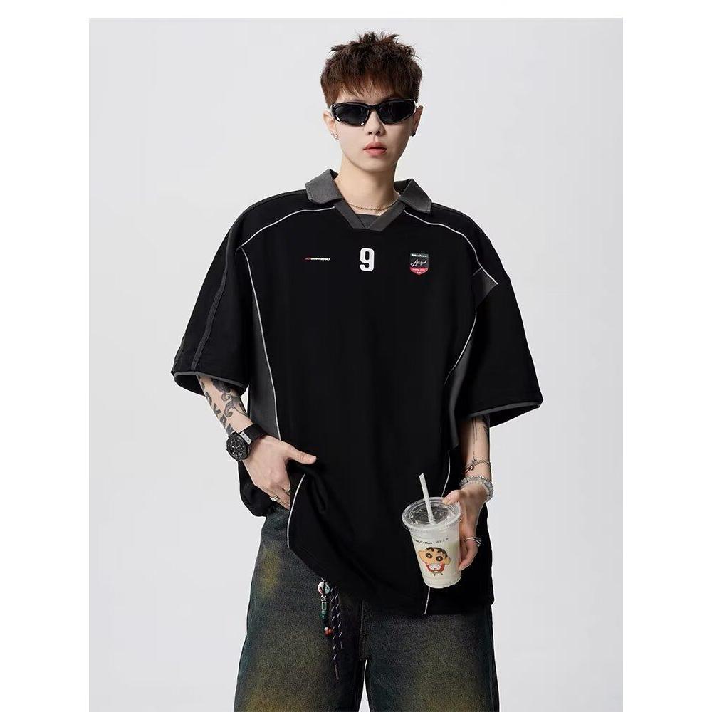 美式复古运动风polo领插肩袖T恤宽松休闲设计感A155-CLT11-TP53,男装T恤,电商A155-1