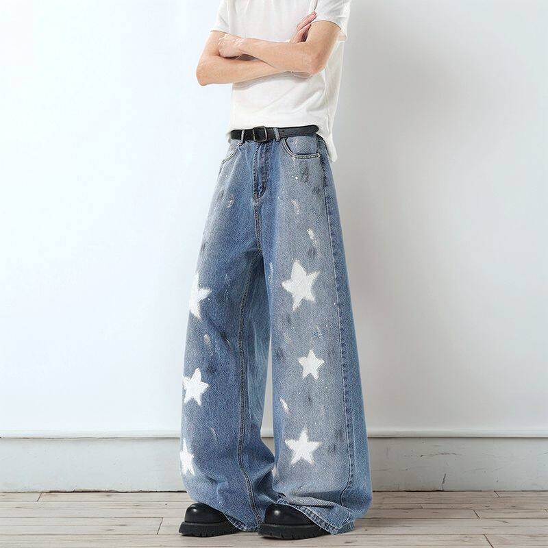 黄子弘凡同款夏季油漆涂鸦五角星直筒宽松牛仔裤A155-HC278-TP60,男装牛仔裤,电商A155-1