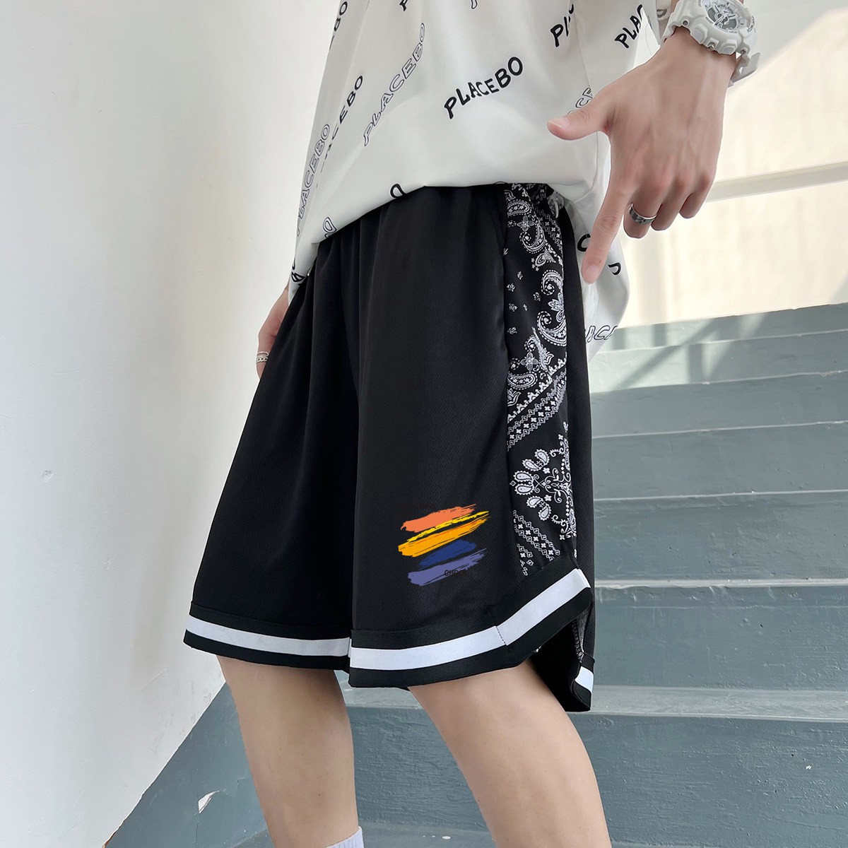 2025夏季冰丝短裤男潮宽松大码港风休闲五分裤撞色A155-K877-TP25,男装牛仔裤,电商A155-1