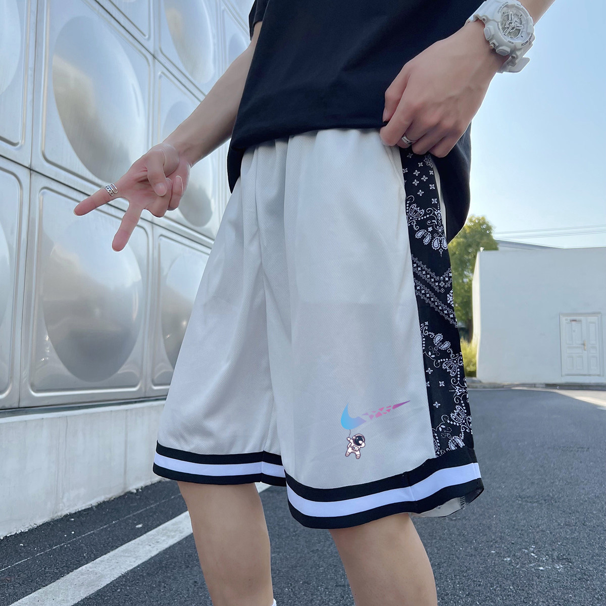 2025夏季冰丝短裤男潮宽松大码港风休闲五分裤撞色A155-K875-TP25,男装牛仔裤,电商A155-1