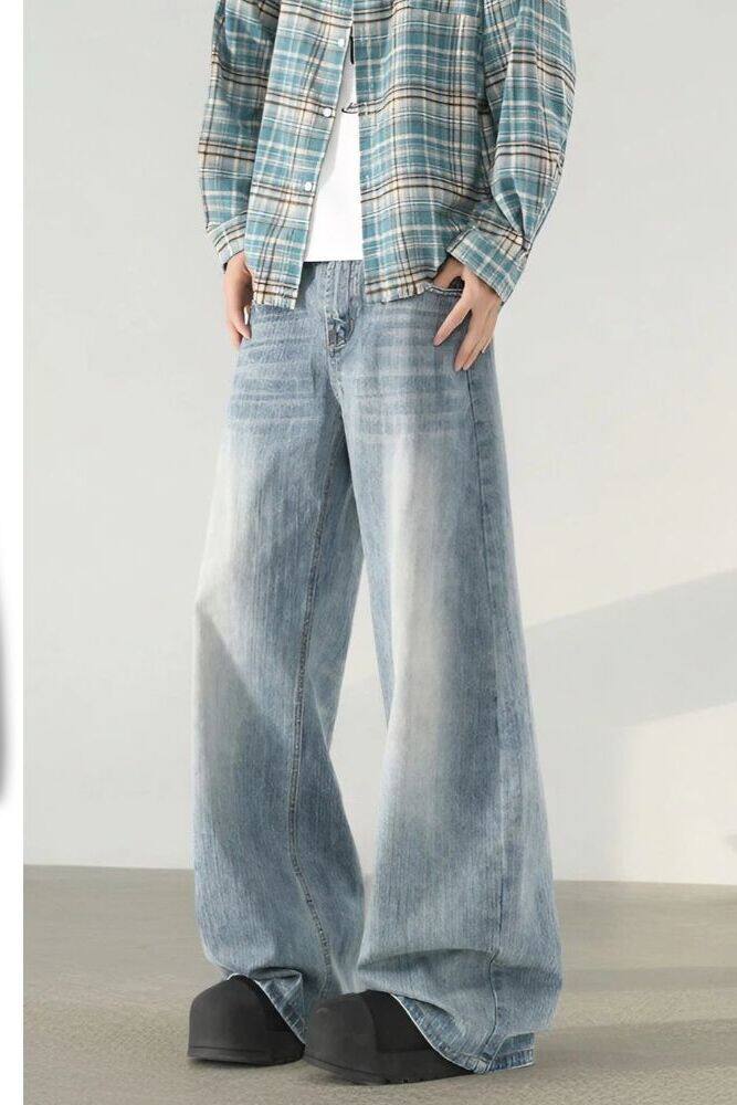 2025美式高街竹节做旧弯刀牛仔裤男直筒微喇长裤A155-HC207-TP59,男装牛仔裤,电商A155-1