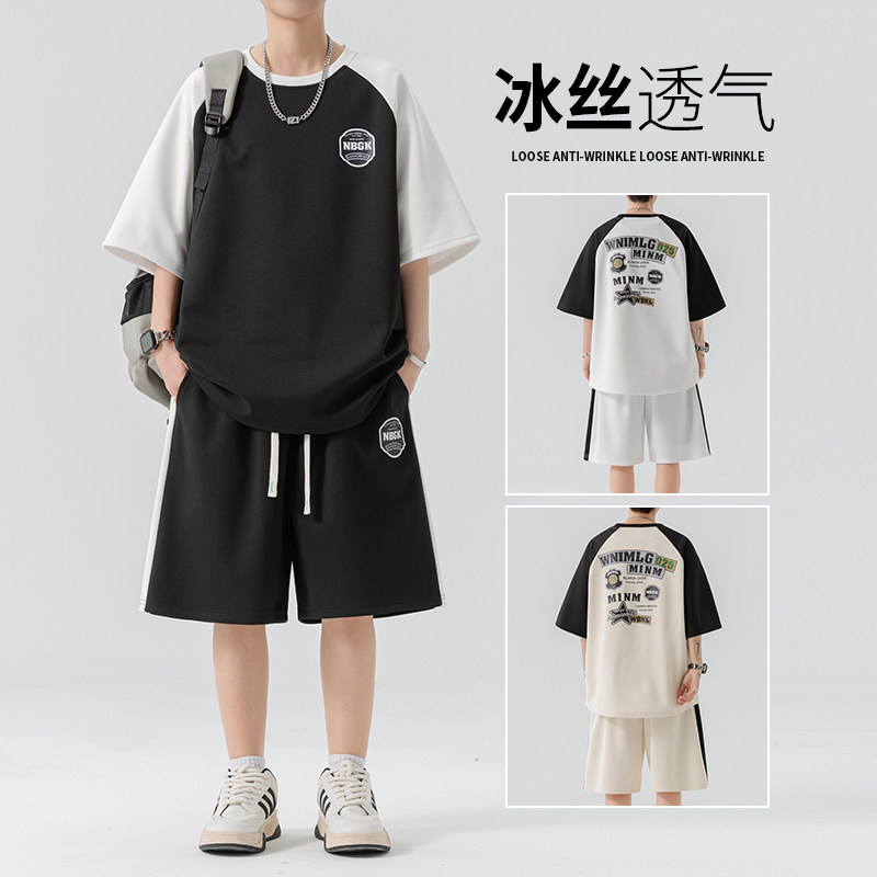 男士宽松薄款短袖短裤夏季大码t恤休闲运动套装A155-YXTZ04-TP49,男装休闲套装,电商A155-1