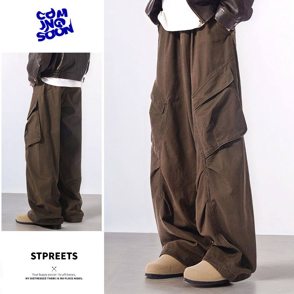 美式复古咖色阔腿工装裤男宽松休闲直筒垂感长裤A155-HC201-TP61，男装工装外套，电商A155-1