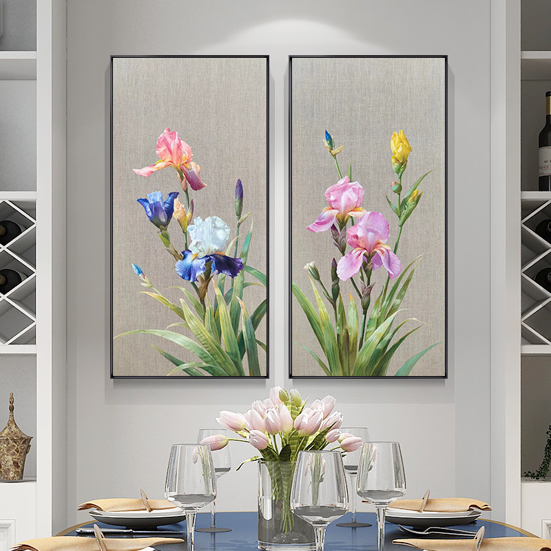 手绘油画鸢尾花现代新中式玄关装饰画客厅三联走廊过道花卉竖挂画