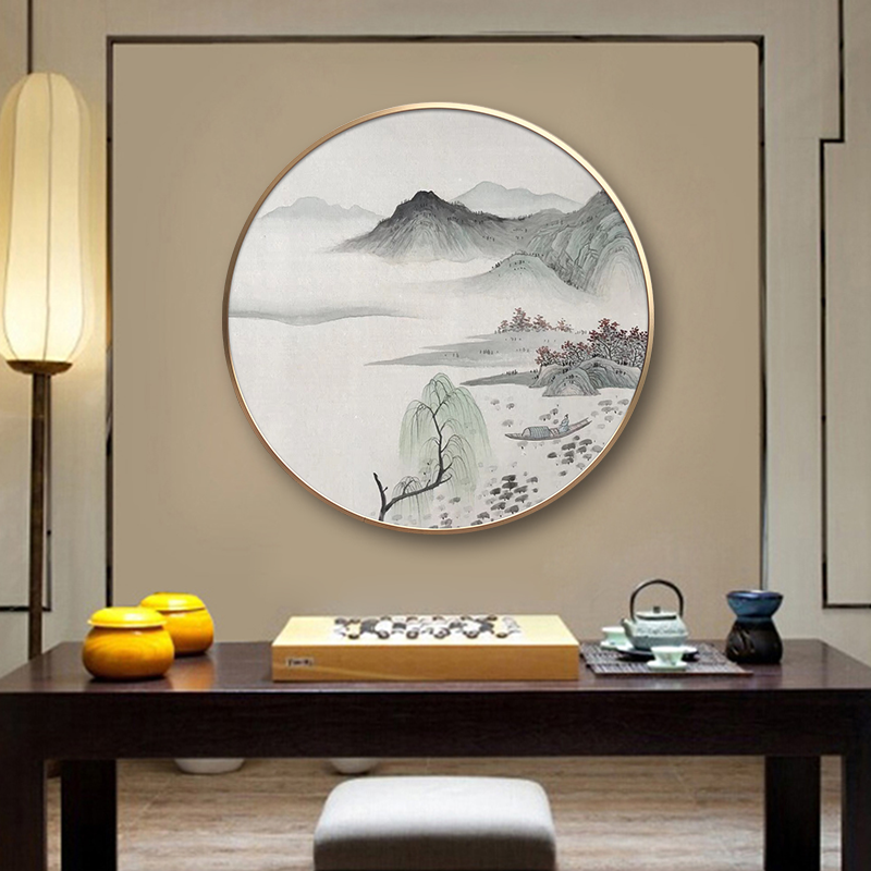 手绘新中式山水风景圆形客厅油画