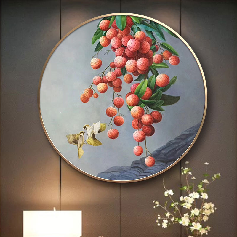 荔枝手绘油画现代新中式客厅书房餐厅办公室装饰画入户玄关圆形画图片