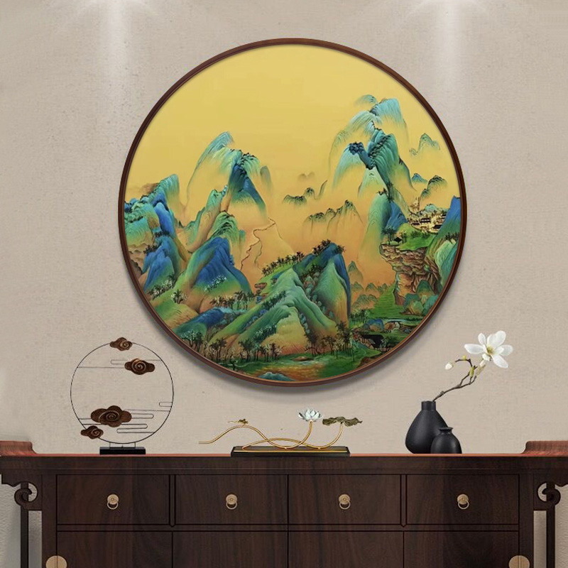 手绘油画新中式客厅玄关书房装饰画圆形山水风景画挂画千里江山图图片