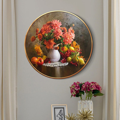 手绘油画水果静物瓶花装饰画欧式玄关门厅餐厅壁画卧室过道圆形画 虎窝淘