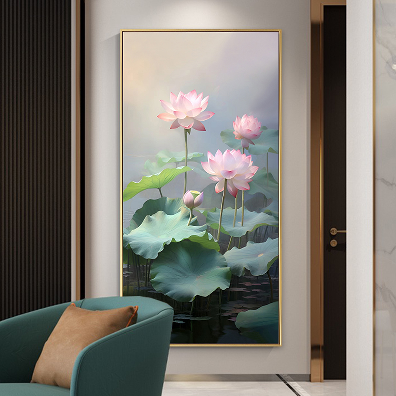 荷花新中式玄关装饰画竖版走廊过道挂画入户门正对背景墙手绘油画图片