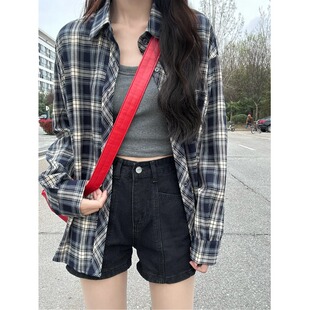 小矮个子145港风复古格子衬衫上衣150CM韩版polo领开衫外套xs码秋