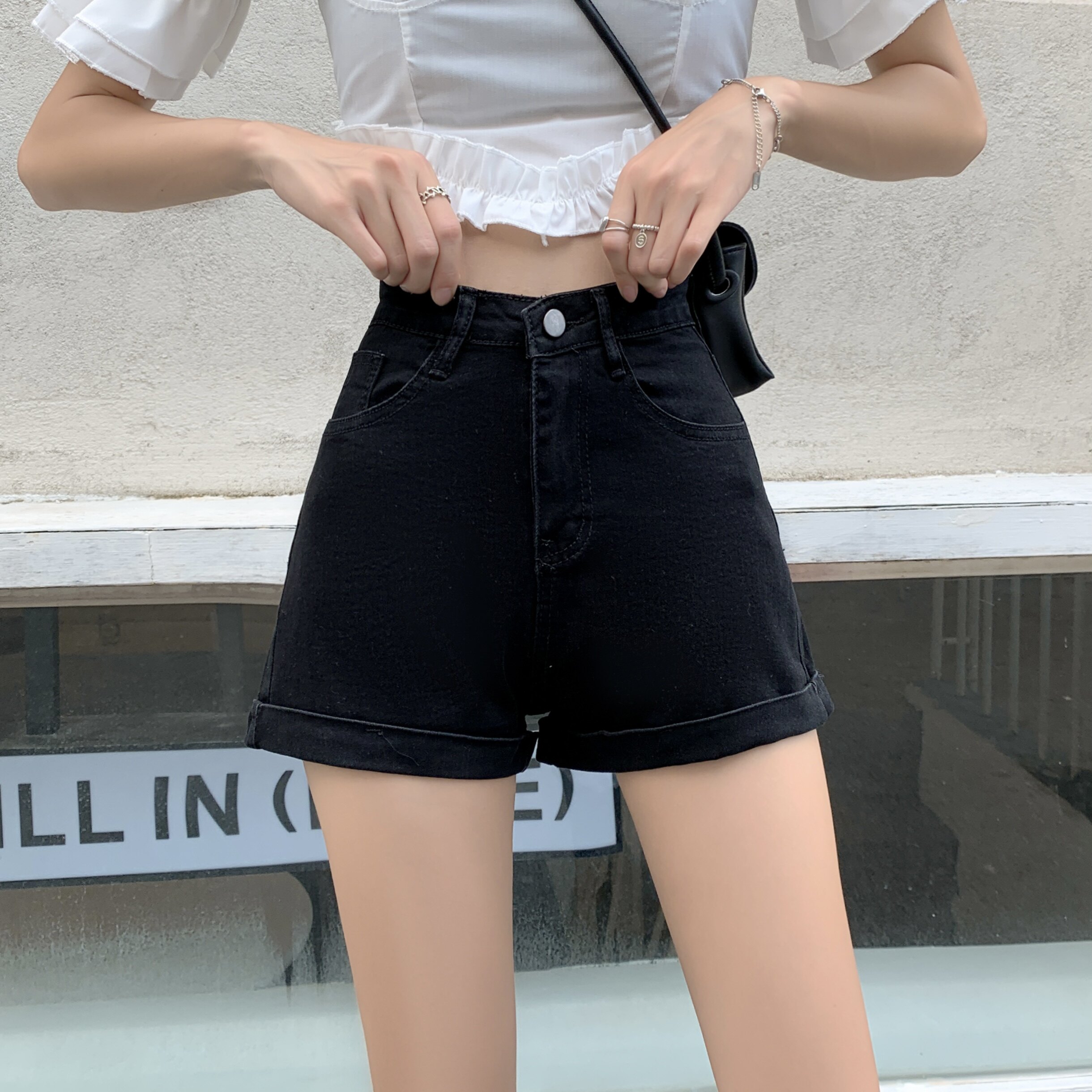 145cm小个子牛仔短裤女显高150cm高腰百搭弹力阔腿提臀热裤XS码夏