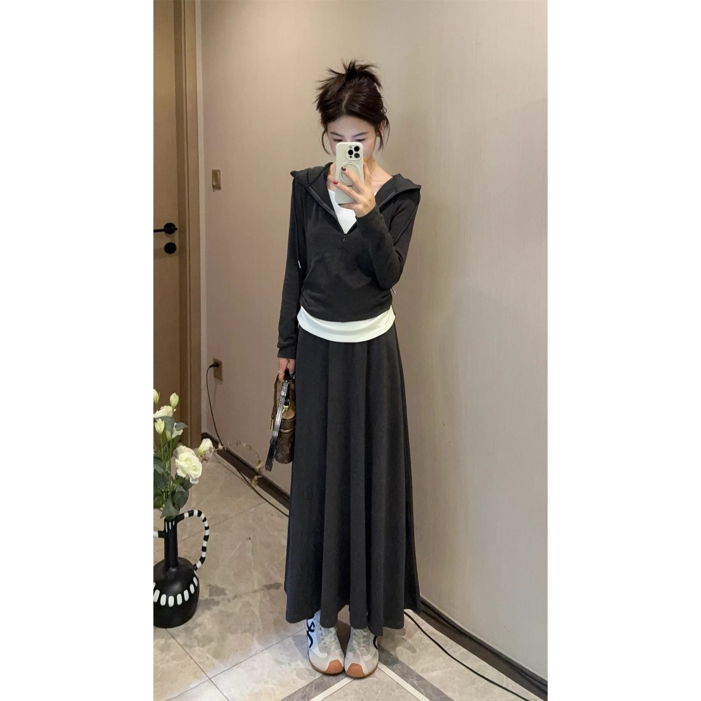 150CM小个子韩系假两件连帽上衣高腰半身裙时尚两件套装裙xs秋冬