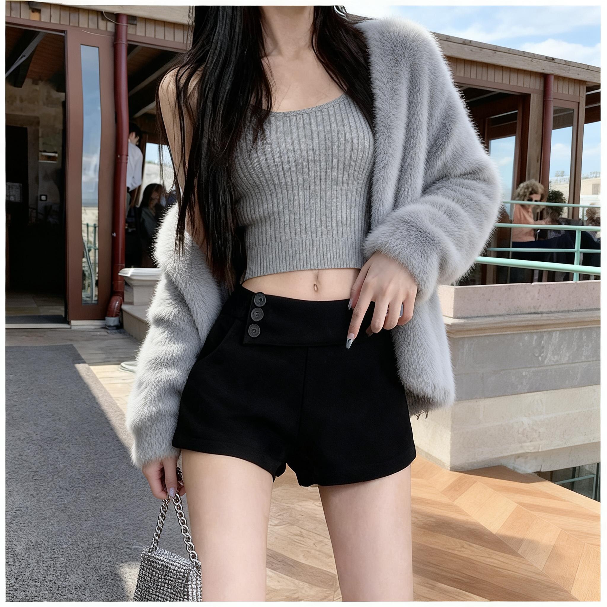 小矮个子纽扣毛呢短裤显高休闲145CM高腰复古包臀a字辣妹靴裤XS女