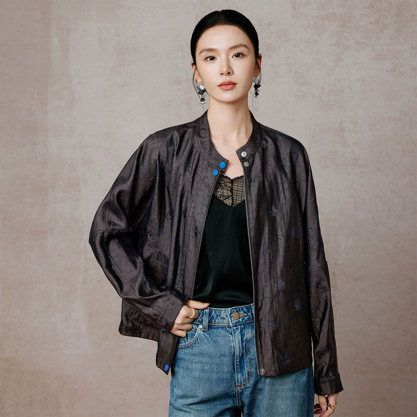新中式蚕丝立领拉链短外套女上衣